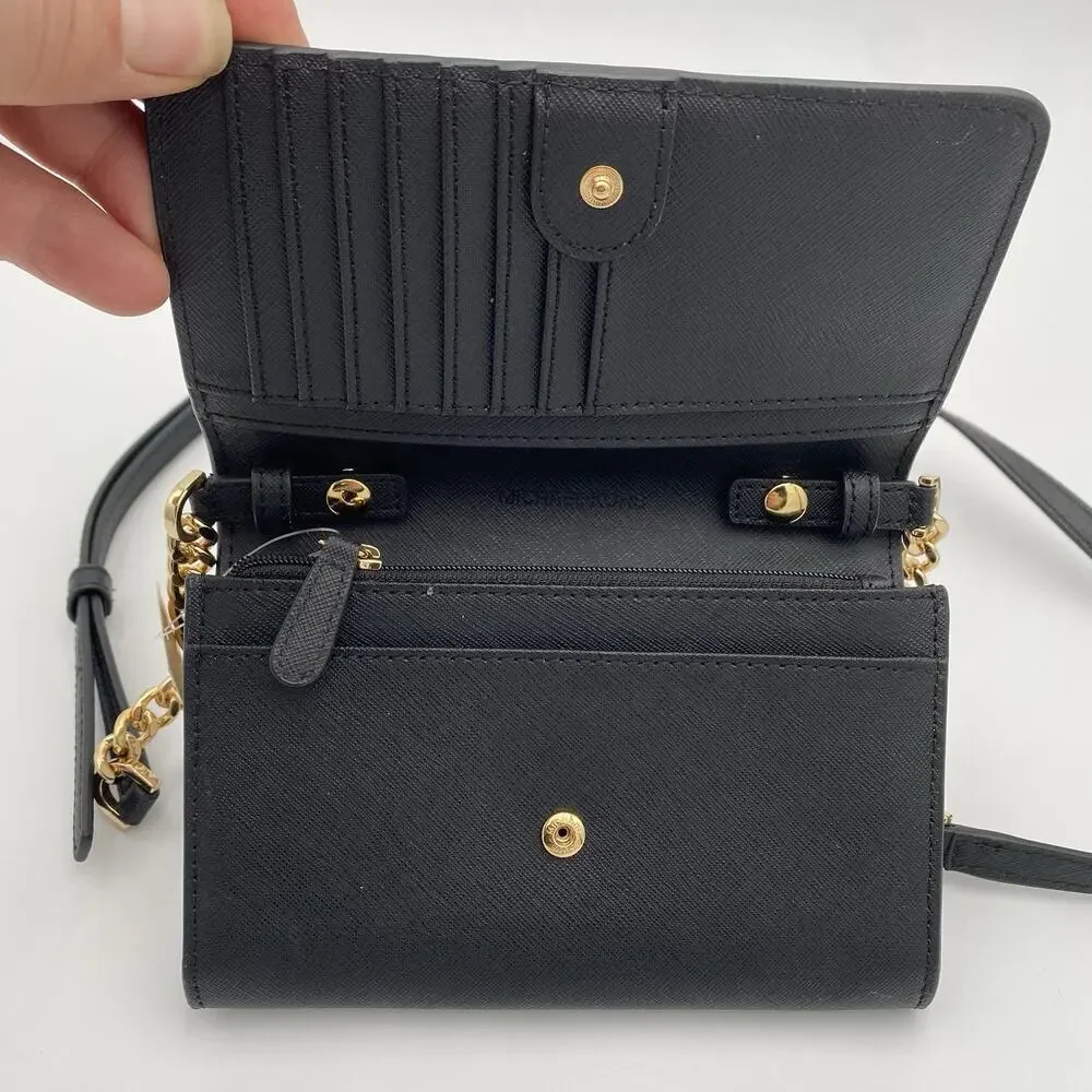 Michael Kors Jet Set Travel Crossbody Black Saffiano Leather Organizer Wallet